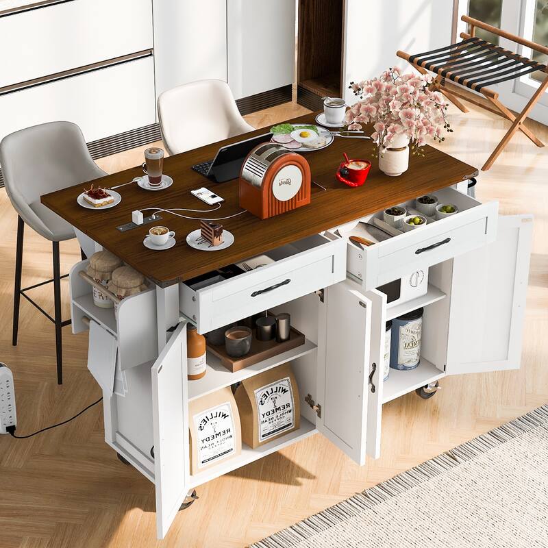 Farmhouse Kitchen Island with Power Outlet and Drop Leaf, Rolling Pantry Storage Cart with Spice Rack and Drawer for Dining Room