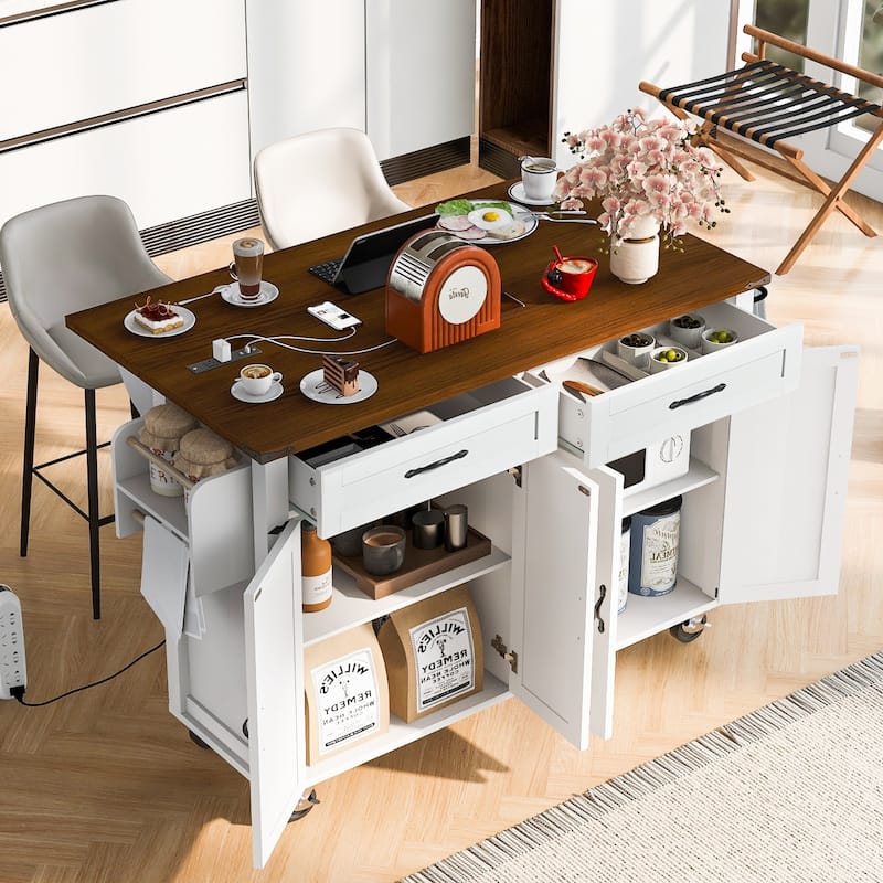 Roomfitters 53.5'' Farmhouse Kitchen Island with Power Outlet, Drop Leaf, Spice Rack, Drawer, Rolling Cart
