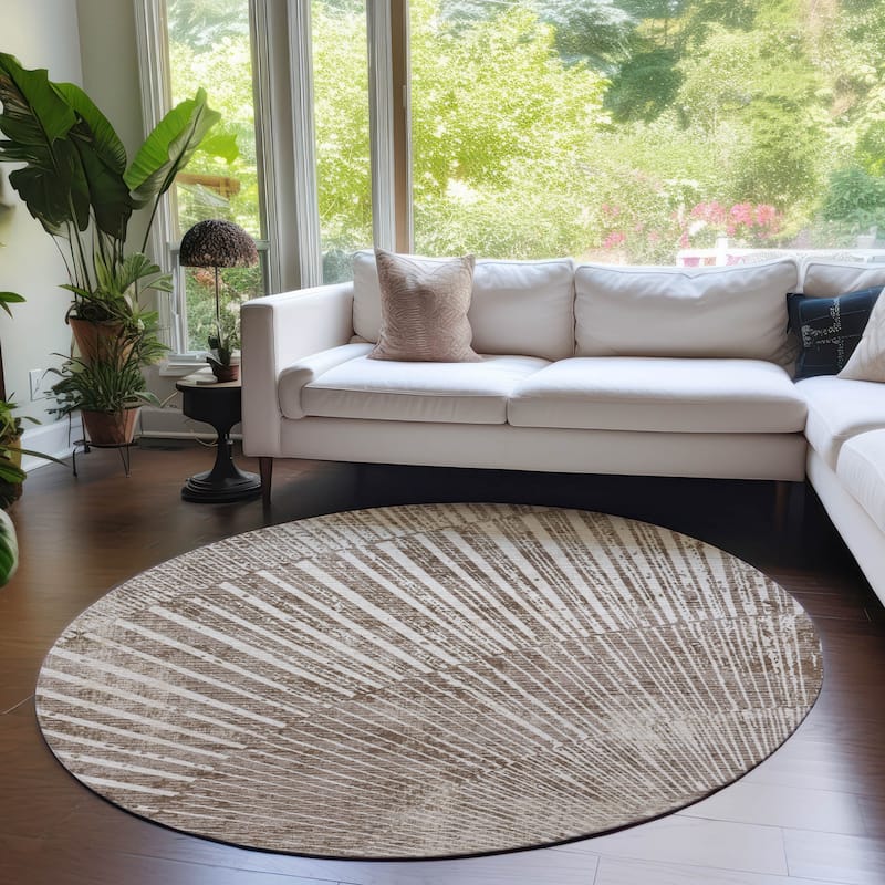 Machine Washable Indoor/ Outdoor Modern Fan Chantille ARug - Taupe - 8' x 8'