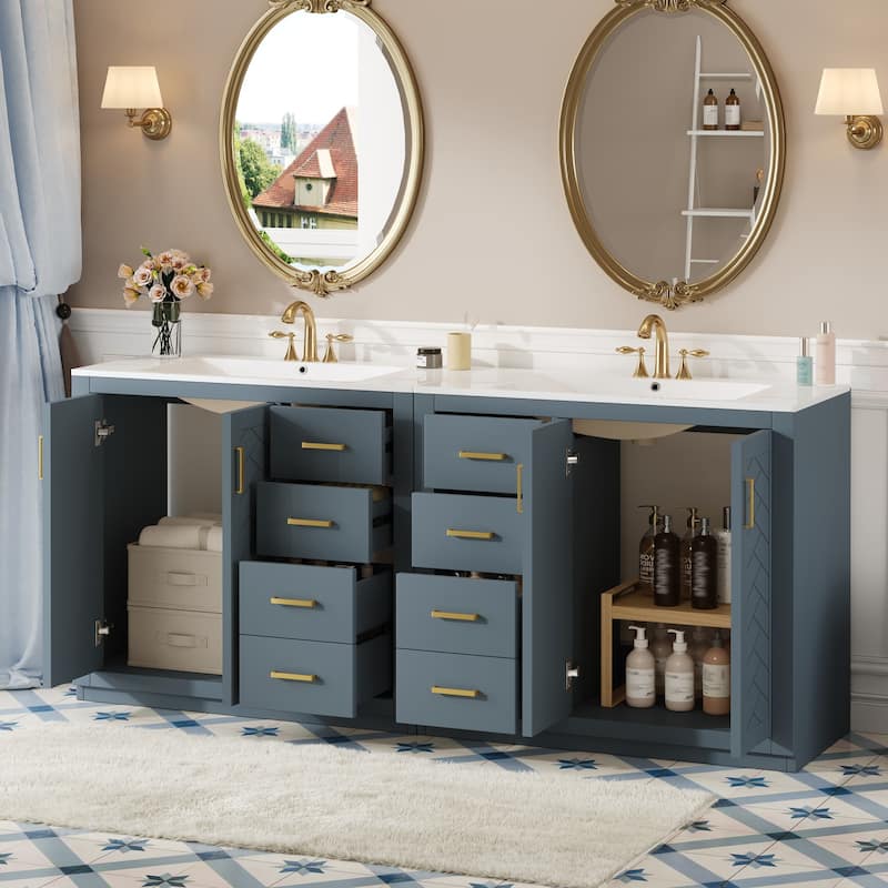 GDFStudio - Briarwick Modern Freestanding Double Bathroom Vanity Set with Ceramic Sinks, Drawers & Soft Closing Doors - 72'W - Blue