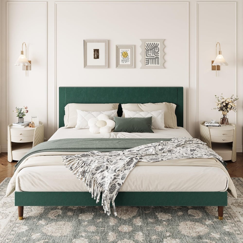 Upholstered Platform Bed Frame, Fabric Headboard and Wooden Slats