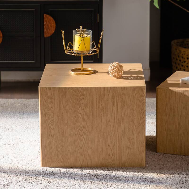 MDF Modern Nesting Imitation Wood Grain Coffee Table, Cube Side Table, Set for Small Space Living Room Bedroom-Set of 2
