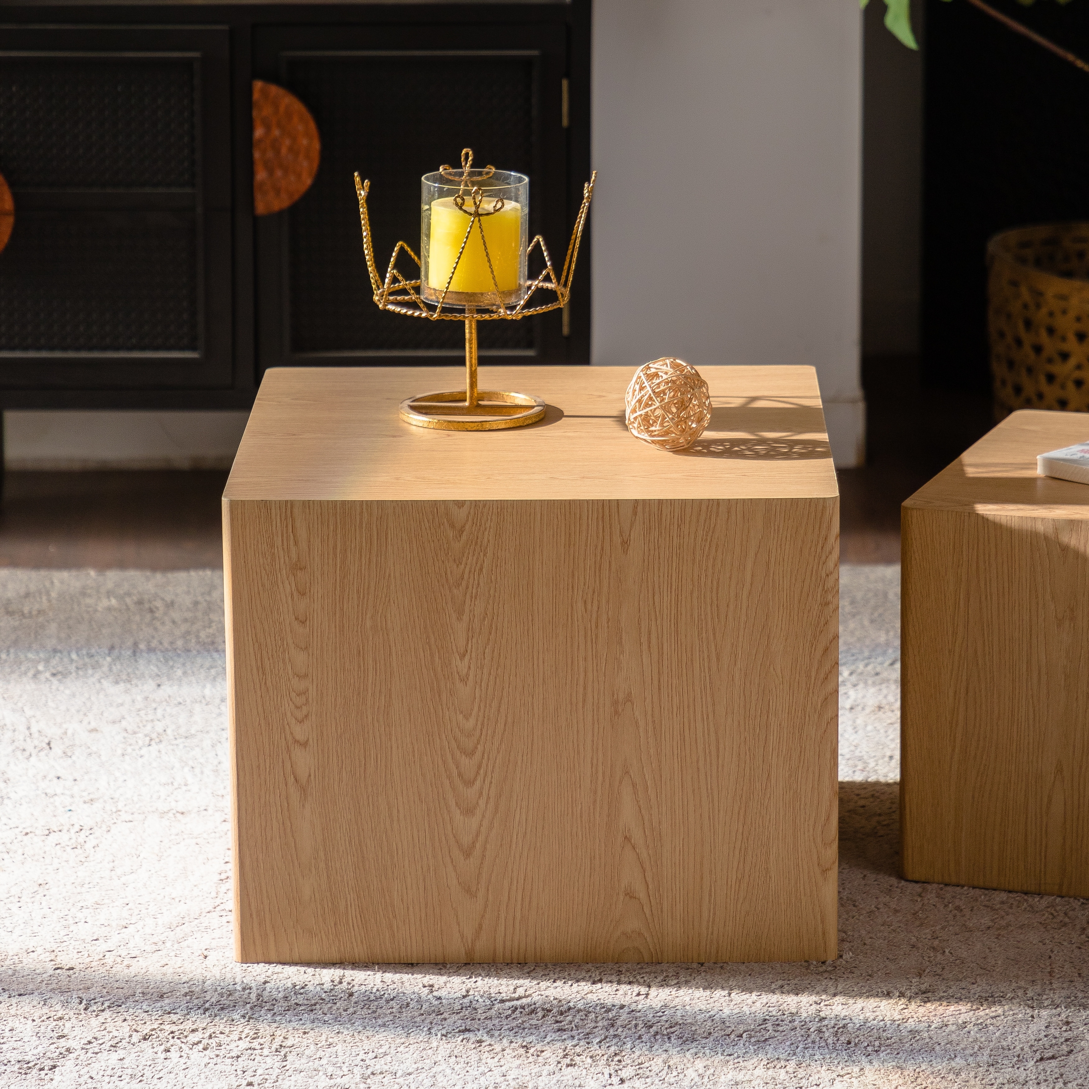 Set of 2 Natural Wood Nesting Cube Coffee Table Set