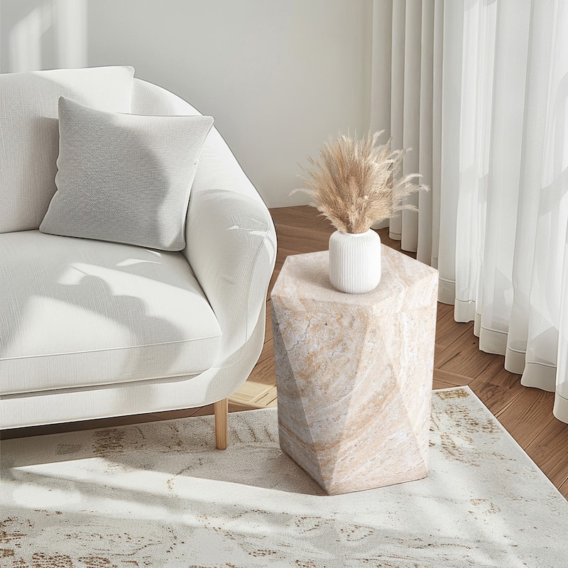 Pentagon Travertine Stone Finish Italian Design MgO Side Accent Table - 16"x16"x18.6"