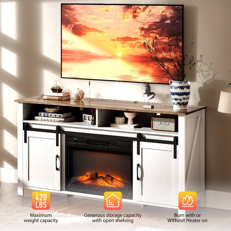 Farmhouse 59.5'' TV Stand For Tvs Up To 70'' With Electric Fireplace and Adjustable Shelves