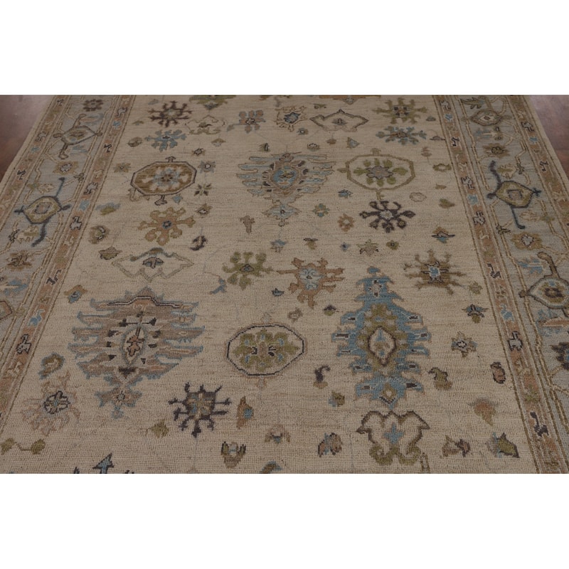 Vegetable Dye Oushak Turkish Area Rug Handmade Beige Wool Carpet - 6'3"x 8'11"