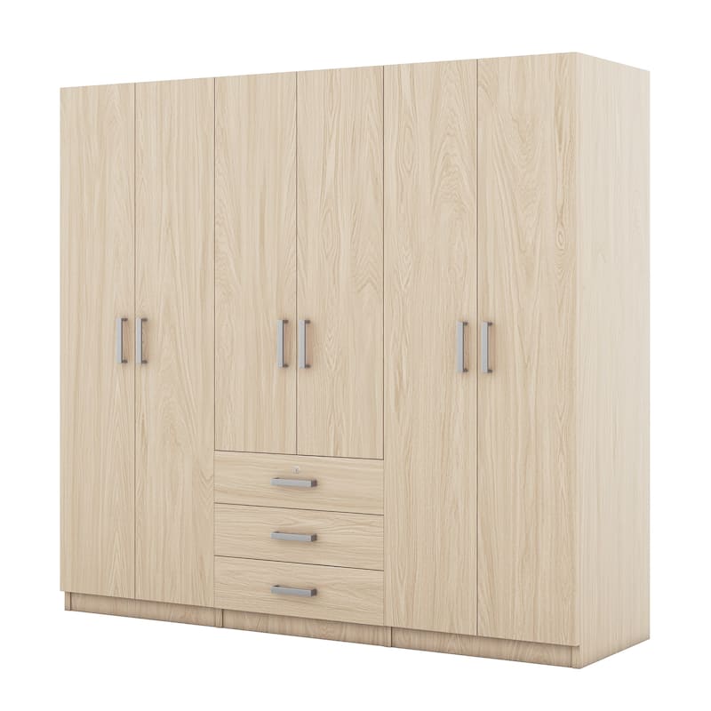 Modern 6-Doors Bedroom Wardrobe with 3 Drawers, Shelves and Hanging Rail, Wooden Freestanding Floor Armoire Cabinet