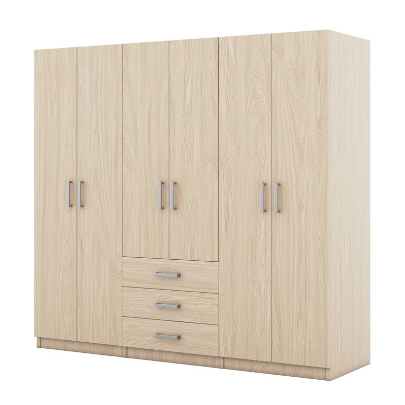 Modern Clean 6-Doors Wardrobe Wooden Armoires with 3 Storage Drawers and Built-In Hanging Rod Design