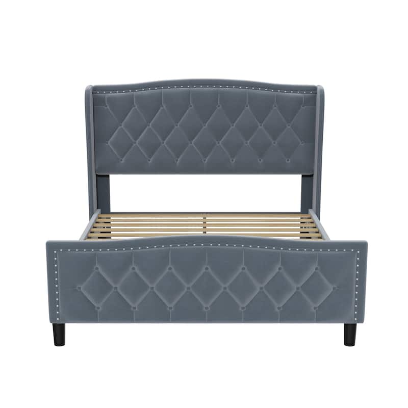 Full/Queen Size Upholstered Platform Bed Frame with Wingback Headboard - Full