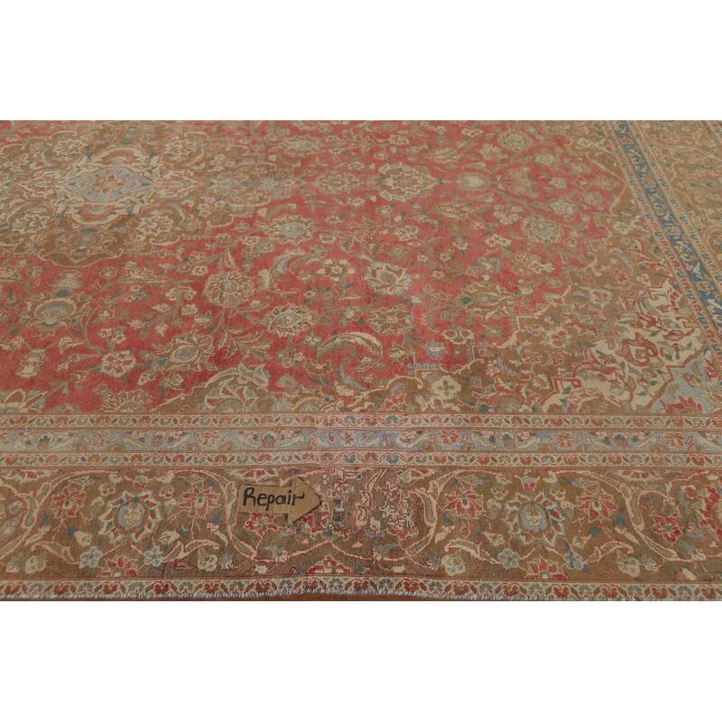 Distressed Mashad Persian Vintage Rug Hand-Knotted Floral Wool Carpet - 8'10"x 13'10"