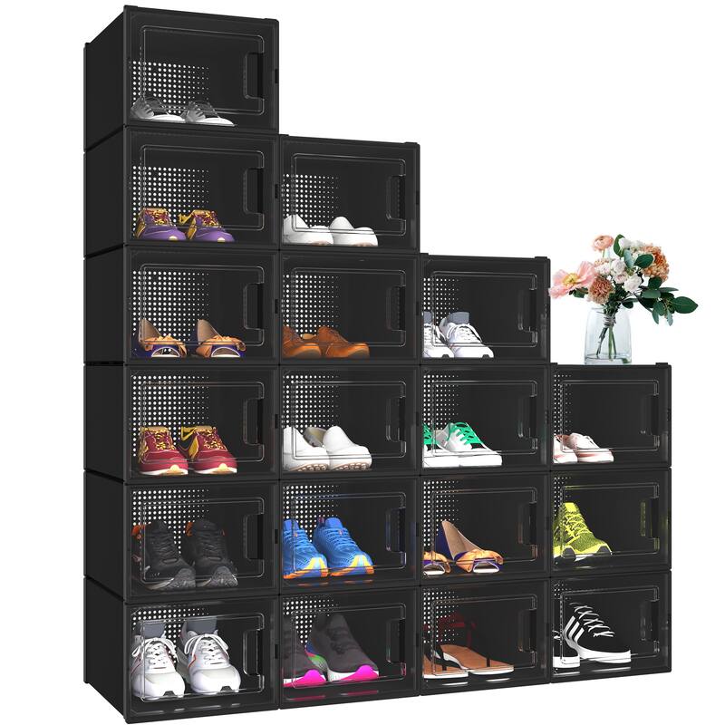 6/12/18 Pack Shoe Storage Box Plastic Stackable Shoe Organizer for Closet Foldable Sneaker Containers Bins Holders Racks - 12Pcs-Large - Black