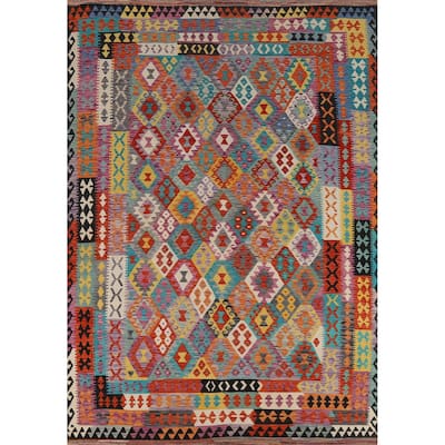 Flat Weave Colorful Kilim Area Rug Flatweave Wool Carpet - 8'4" x 11'9"