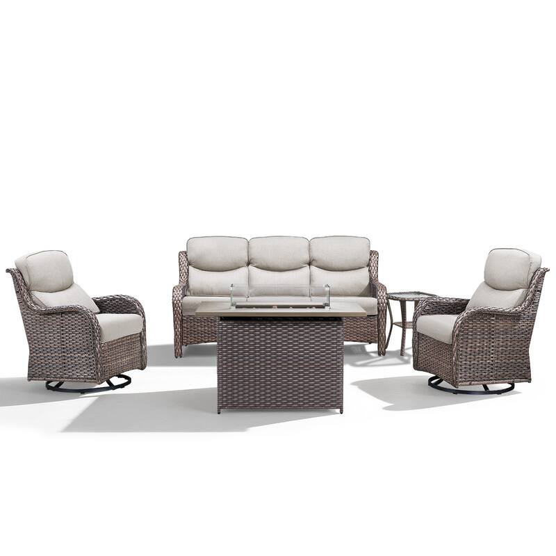 Meyreso 5-Piece Outdoor Patio Wicker Fire Pit Conversation Set with 5-Inch Thick Olefin Cushions