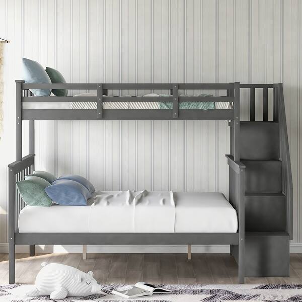 slide 2 of 11, Modern Style Bunk Bed with Guardrials, Storage Staircase, Maximized Space, Twin over Full, Grey Grey