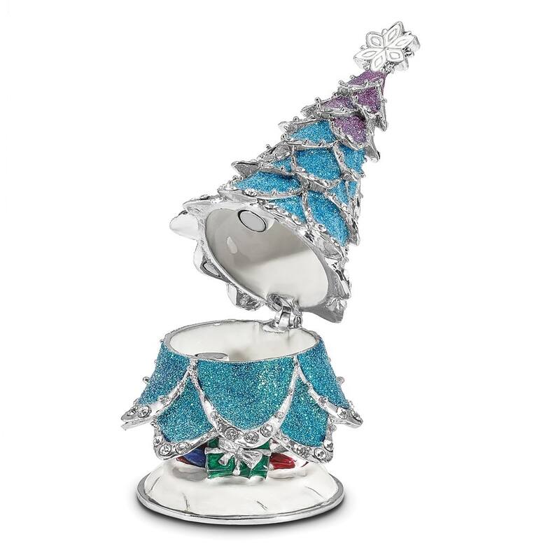 Curata Pewter Crystals Silver-Tone Enameled Arctic Blue Christmas Tree Trinket Box on 18 Inch Necklace