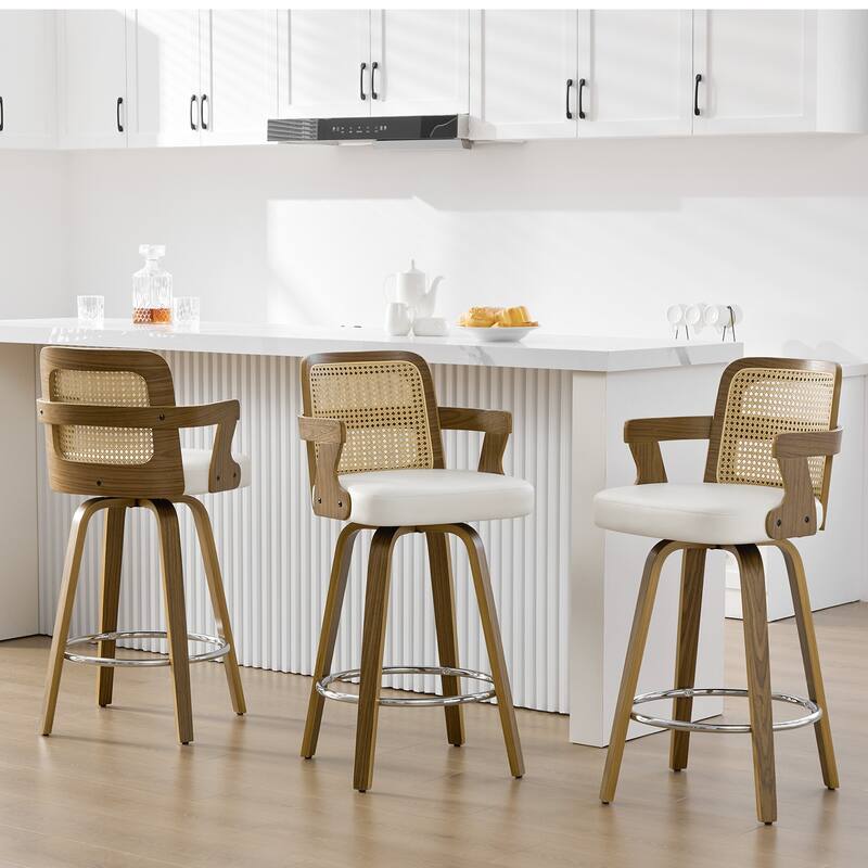 Upholstered Wood Swivel Counter Height Barstool with Arms - 37.8"H x 18.7"W x 19.29"D - Set of 3 - White-Rattan Back