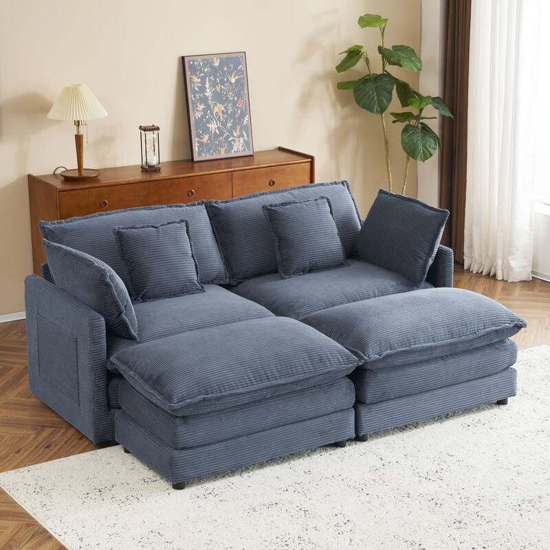 Corduroy Loveseat Set with Movable Ottoman 4 Seater Corner Sofa, Upholstered Deep-seat Couch wCushions and 4 Pillows