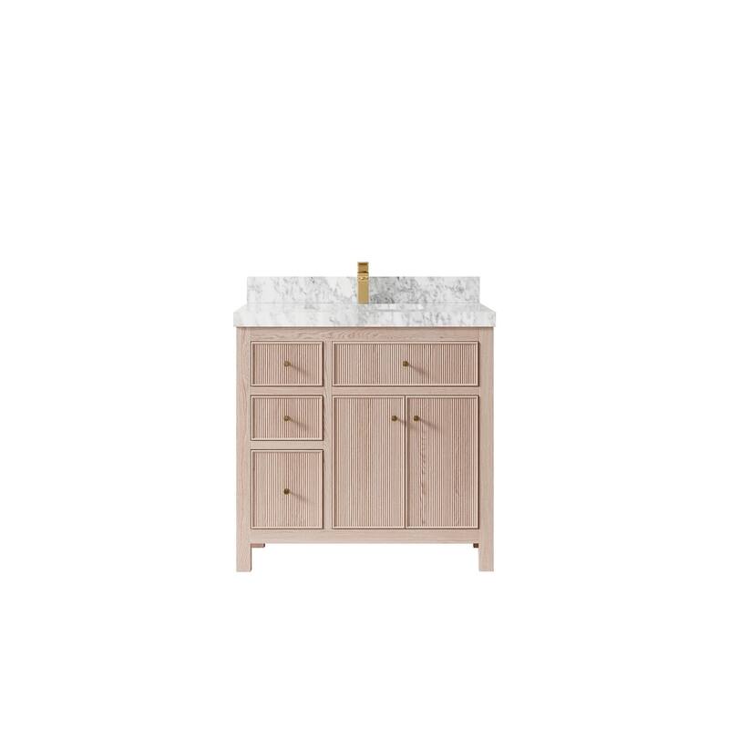 Willow Collections 36 x 22 Sonoma Oak Wood Center Sink Right Bathroom Vanity with Quartz or Marble Countertop - 2"Carrara Marble - White Oak