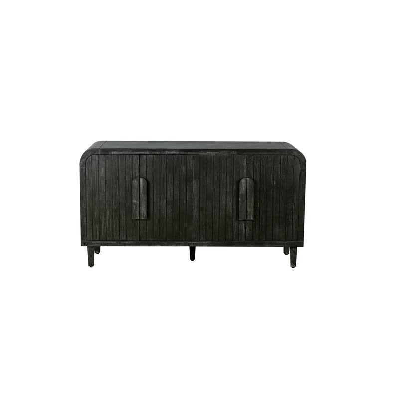 Curved Cabinet with Vertical Wood Grain Carving, 4 Door Sideboard with Adjustable Shelves, Accent Cabinet with Wooden Handles