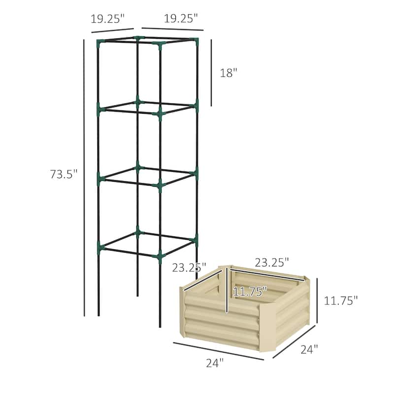 Galvanized Raised Garden Bed, 24" x 24" x 11.75" Outdoor Planter Box with Trellis Tomato Cage and Open Bottom for Climbing Vines