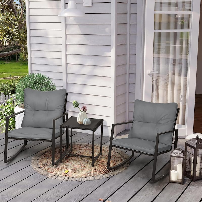 SUNCROWN 3-piece Outdoor Patio Brown/Black Wicker Rocking Chairs Conversation Bistro Set