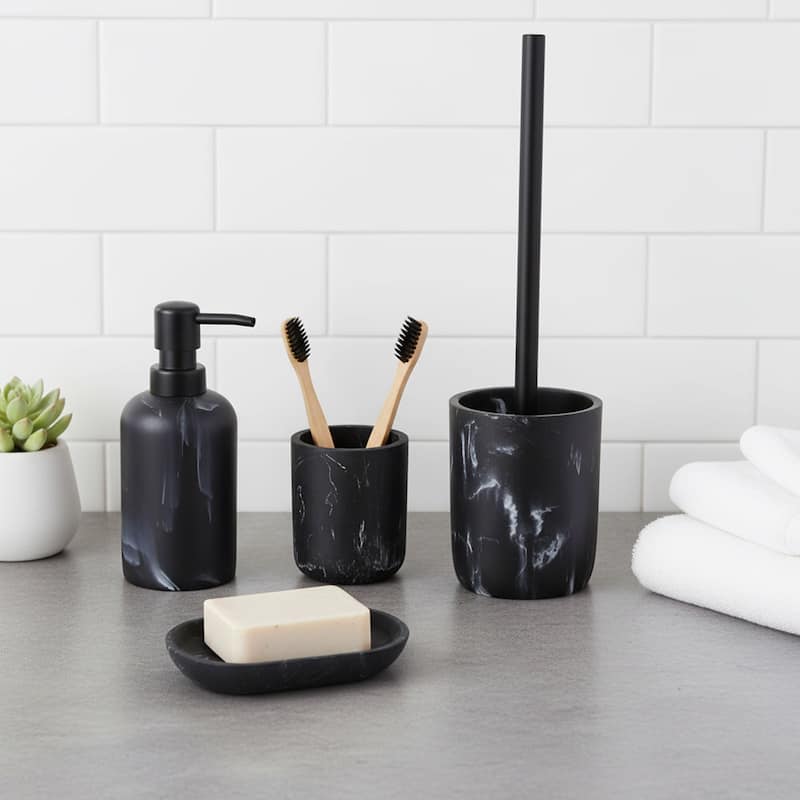 4-Piece Marble Bathroom Accessory Set - 10"L x 10"W x 10"H - Black