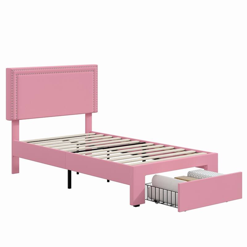 Modern Upholstered Bed Frame with 4 Storage Drawers, Platform Fabric Bed with Button Tufted Headboard