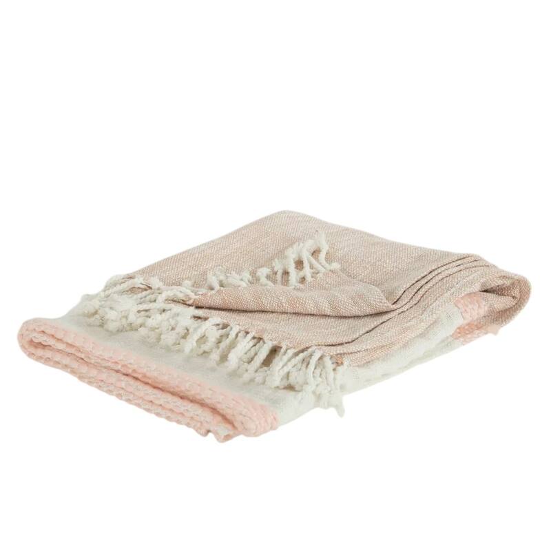 HomeRoots 50" X 60" Blush Cotton Woven Color Block Throw Blanket with Fringe
