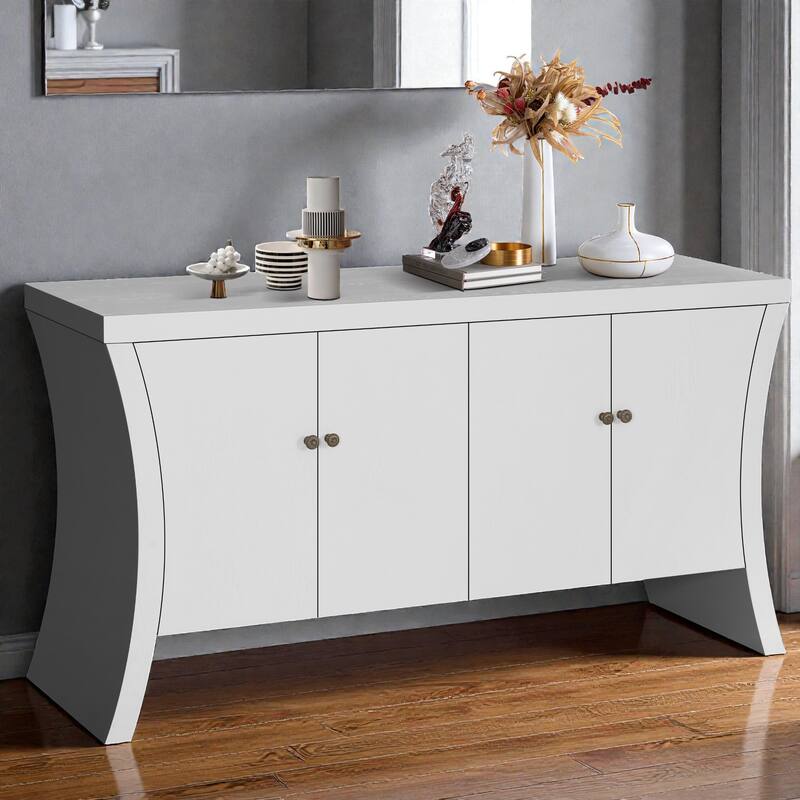 Industrial 4-Door Credenza with Wooden Arc Legs and Bronze Clasps, Modern Storage Cabinet for Living Room