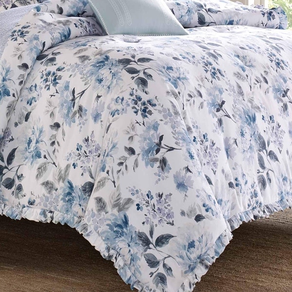 Laura Ashley Chloe Blue Cotton Duvet Cover Reversible Set - On