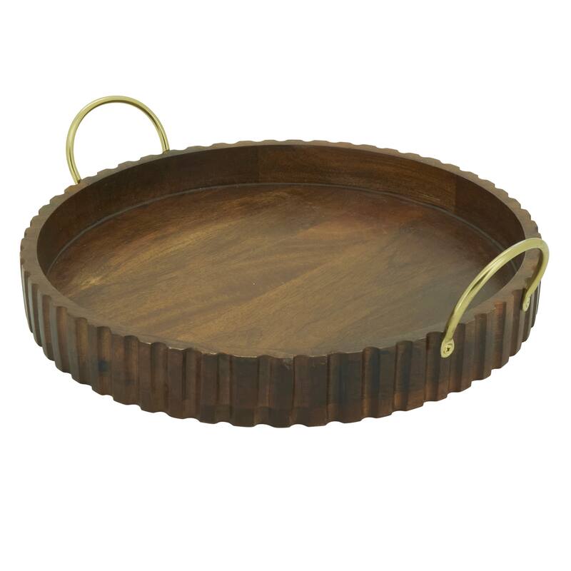 Scalloped Mango Wood Serving Tray with Brass Handles - Decorative Round Tray for Coffee Table, Bar & Entertaining - 18"x16"x4"