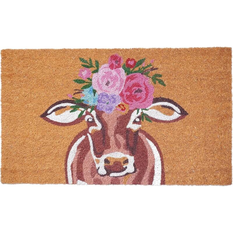 HomeRoots 17" X 29" Brown And Pink Floral Cow Outdoor Coir Door Mat - 17.00' X '29.00