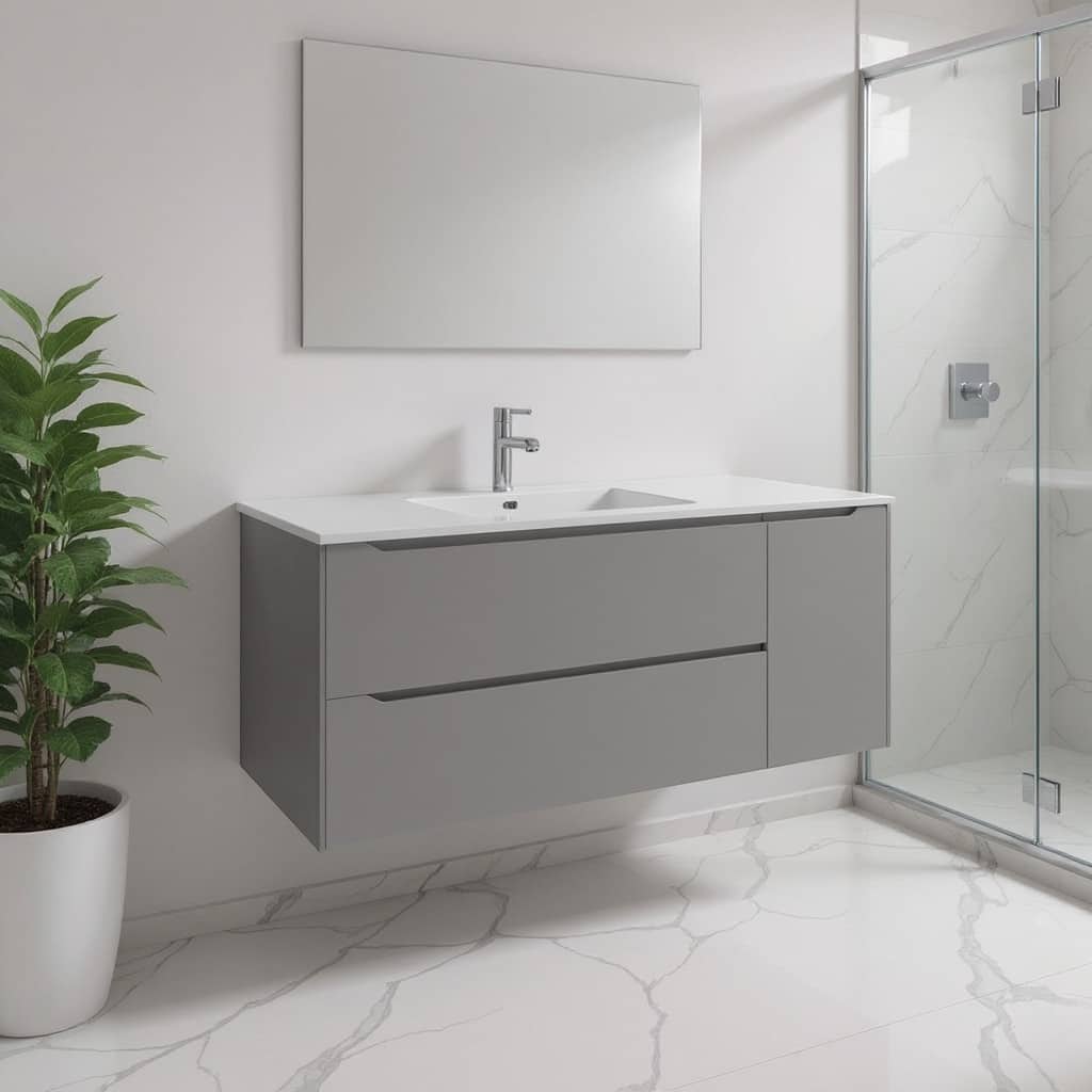 HomeRoots 48" Gray Wood Floating Bathroom Vanity With White Sink And Two Drawers - 48.00 in. x 18.00 in. x 19.00 in.