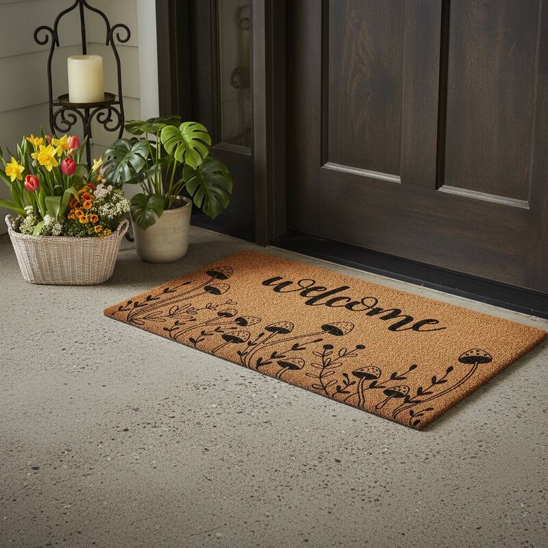 HomeRoots 17" X 29" Brown And Black Mushrooms Welcome Outdoor Coir Door Mat - 17.00' X '29.00 - 17.00' X '29.00