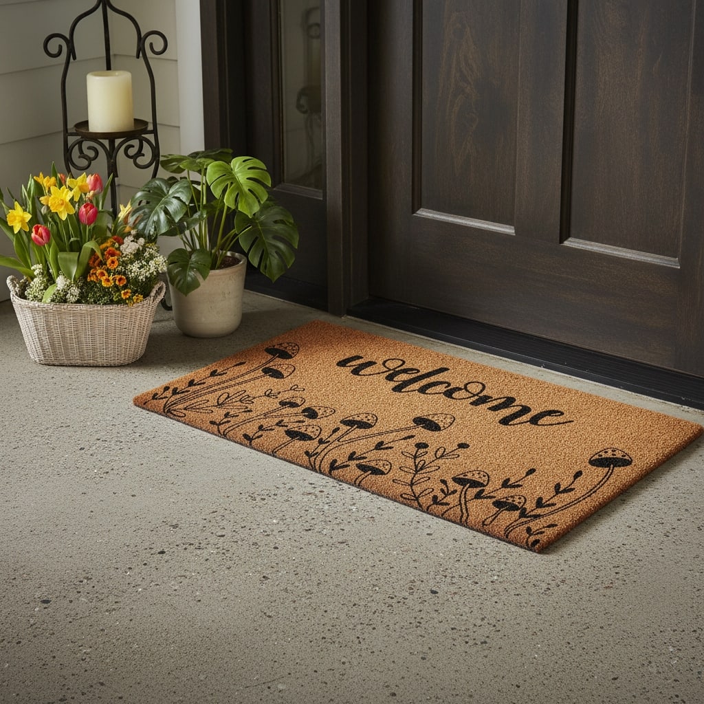 HomeRoots 17" X 29" Brown And Black Mushrooms Welcome Outdoor Coir Door Mat - 17.00' X '29.00