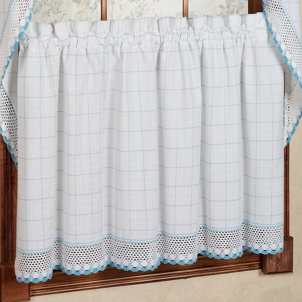 Cotton Classic White Blue Window Pane Pattern and Crotchet Trim Tiers Swags and Valance Options