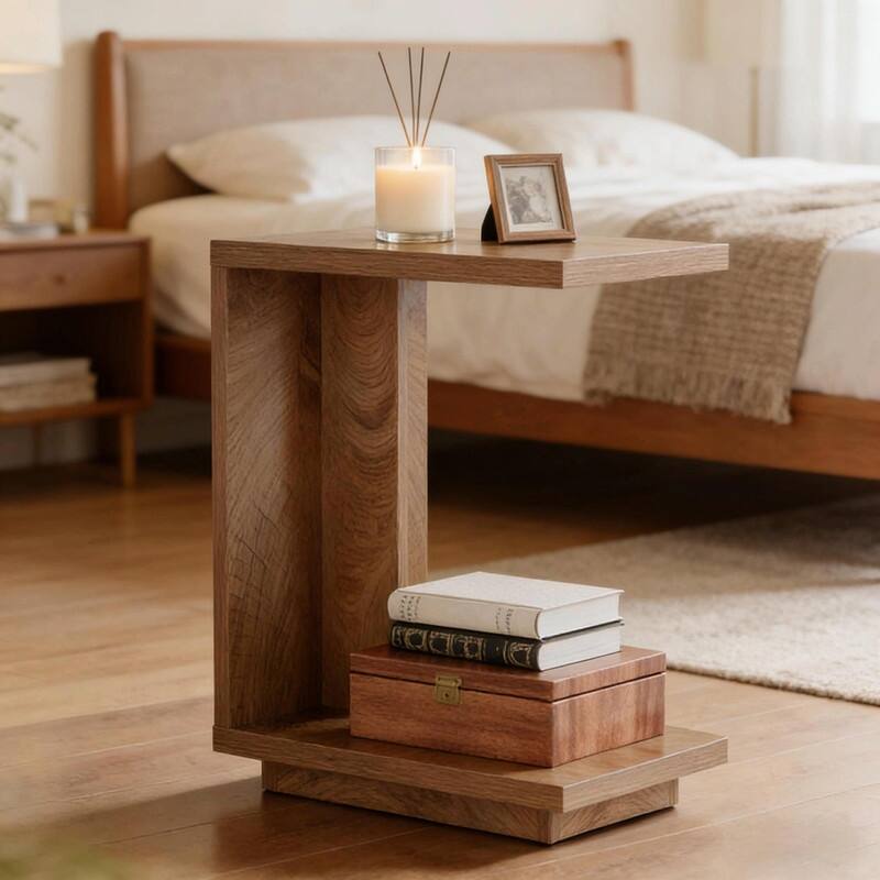 C-Shaped Bedside Table - Stylish Side Table - Brown - Wood