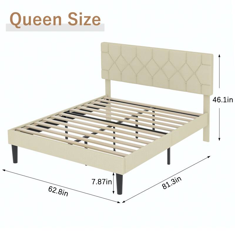 VECELO Tufted Upholstered Linen Bed Platform Bed Frame with Upholstered Headboard, Button Tufted Design