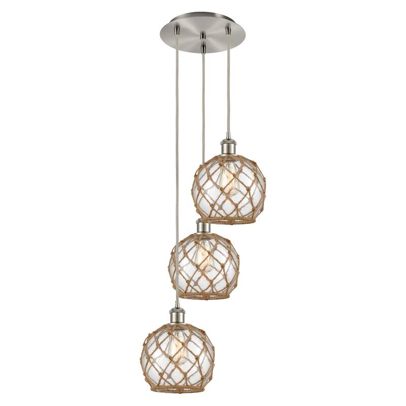 Innovations Lighting Endless Possibilities Ballston - Farmhouse Rope - 3 Light 15" Cord Hung Multi Pendant - Clear Glass with Brown Rope/Brushed Satin Nickel