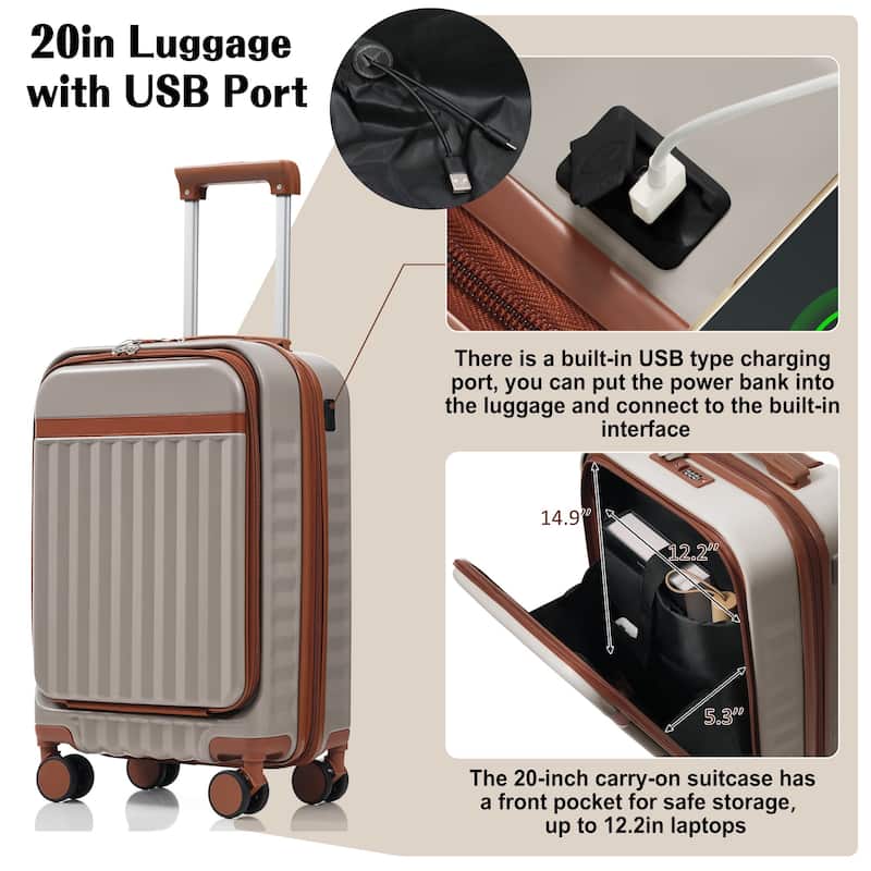 Luggage Set of 3, 20inch with USB Port, front opening design Airline Certified Carry on Luggage, ABS Hard Shell Luggage