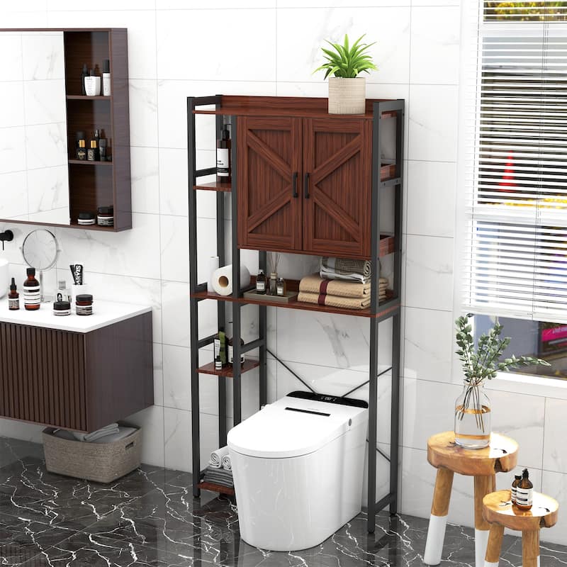 Over The Toilet Storage Cabinet Bathroom Organizer with Double Doors - Brown