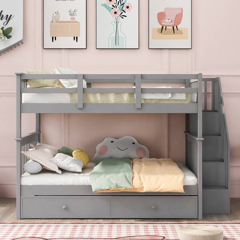 Stairway Bunk Bed with Twin size Trundle, Storage and Guard Rail