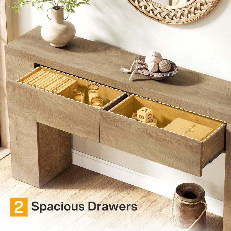 63-Inch Wooden Console Table with 2 Hidden Drawers, Sofa Table for Living Room, Hallway, Entrance, Foyer