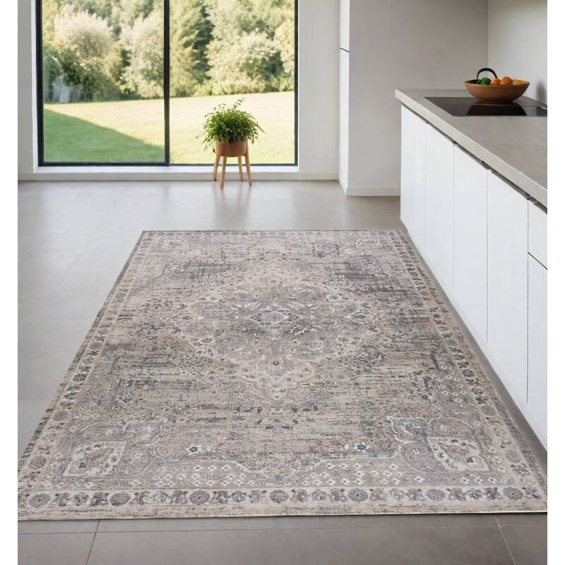 Bike Distressed Stain Resistant Woven Durable Area Rug By HomeRoots - 4' X 6' - Gray and Beige - Rectangle
