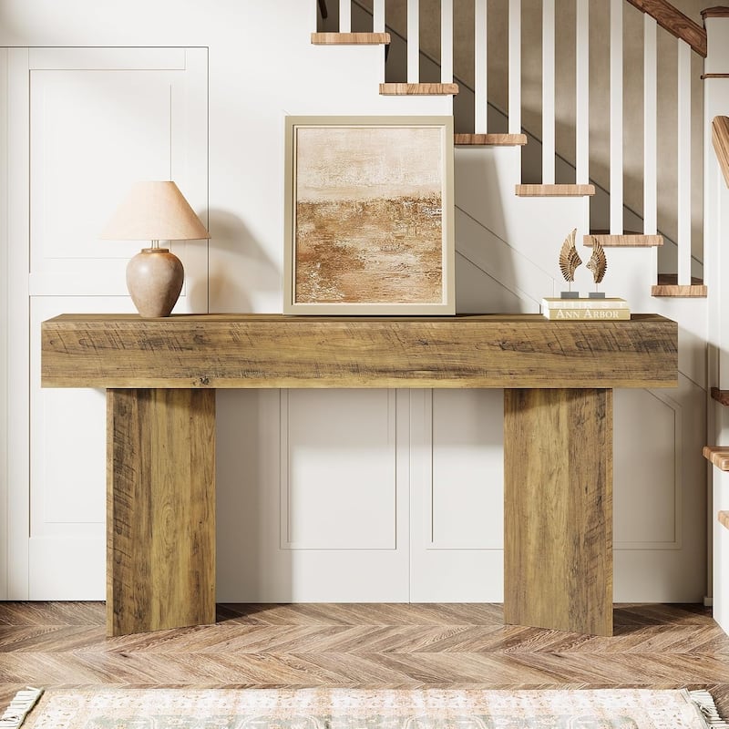 63-Inch Brown Engineered Wood Entryway Table, Farmhouse Long Sofa Table Behind Couch for Living Room