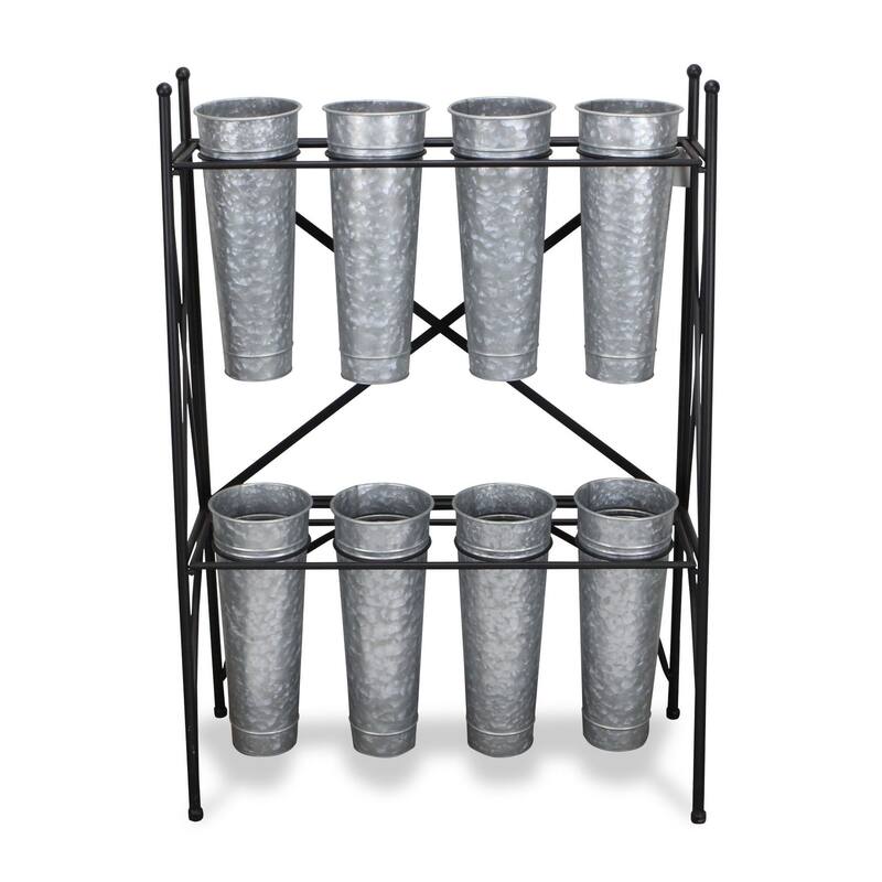 41" Gray and Black Plant Stand with 8 Galvanized Planter Pots