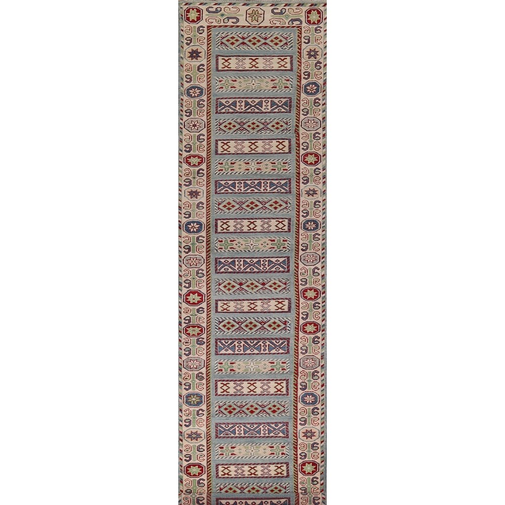 Blue Kazak Oriental Runner Rug Hand-Knotted Geometric Wool Carpet - 3'3" x 16'3"