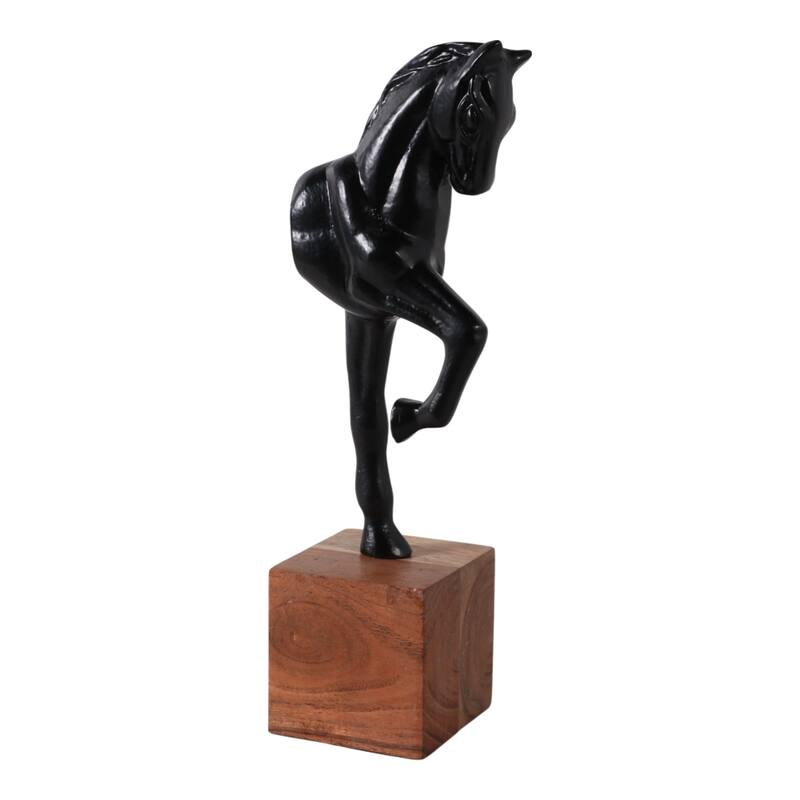 Horse Figurine Sculpture on Wooden Stand Base - 12", Black & Brown - 12.0"
