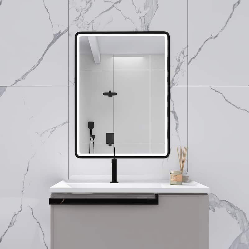 32 x 24 in. Rectangular Mirror Wall-Mount Anti-Fog LED Light Bathroom Vanity Mirror - Black - Black