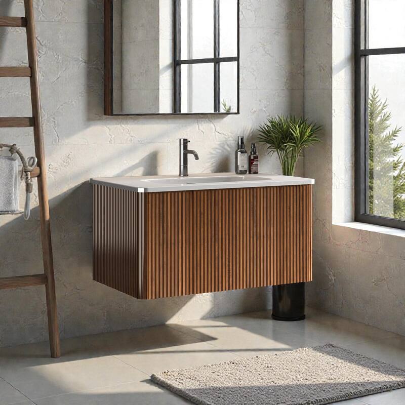 30" Floating Bathroom Vanity with Ceramic Sink, Striped Wall Mounted Cabinet with Curved Edges & Large Push-Open Drawer